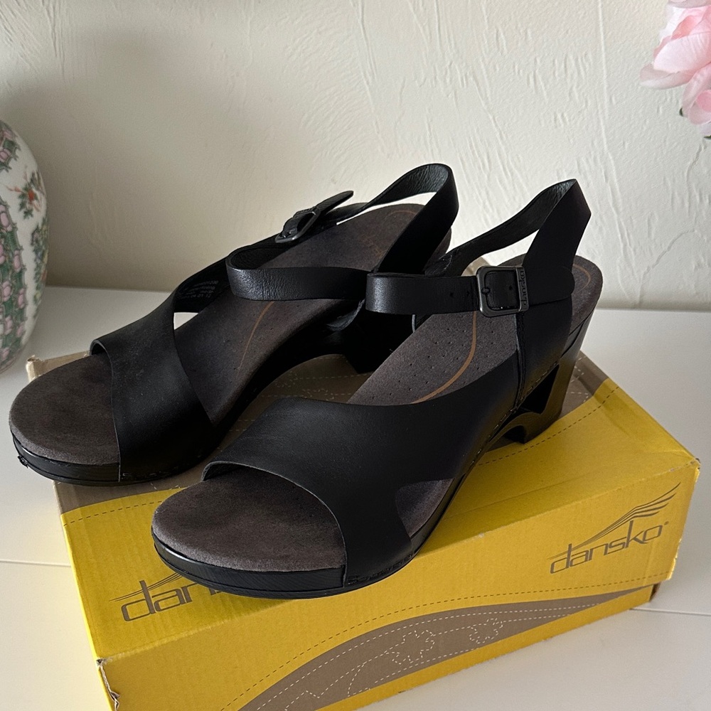 Dansko Tasha Black Leather Open-Toe Slingback Heels
